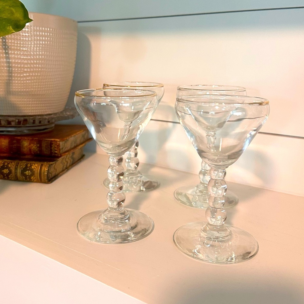 4 Vtg Libbey Knob Hill Clear Ball Stem gold rim Cocktail Glass MCM Boopie Style